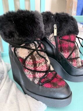 Jessica Simpson Black and Red Plaid Faux Fur Wedge Ankle Boots